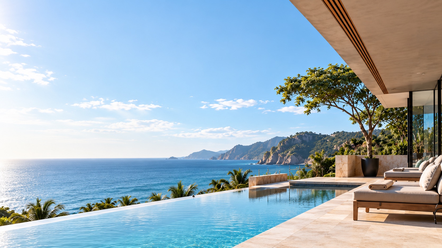 Villa con alberca infinita y vista a la costa en un día soleado