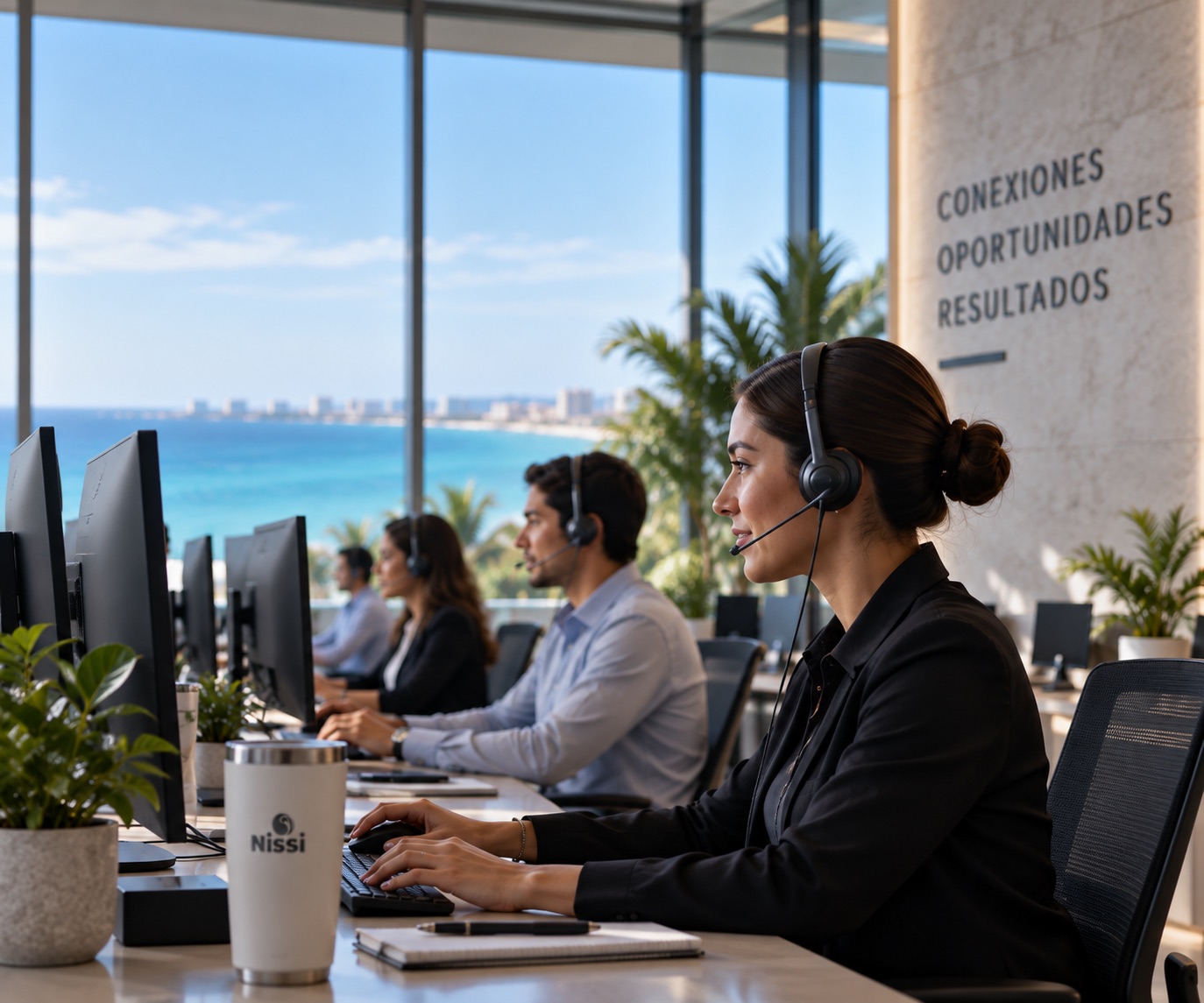 Agentes de call center con diadema trabajando frente a monitores con vista al mar
