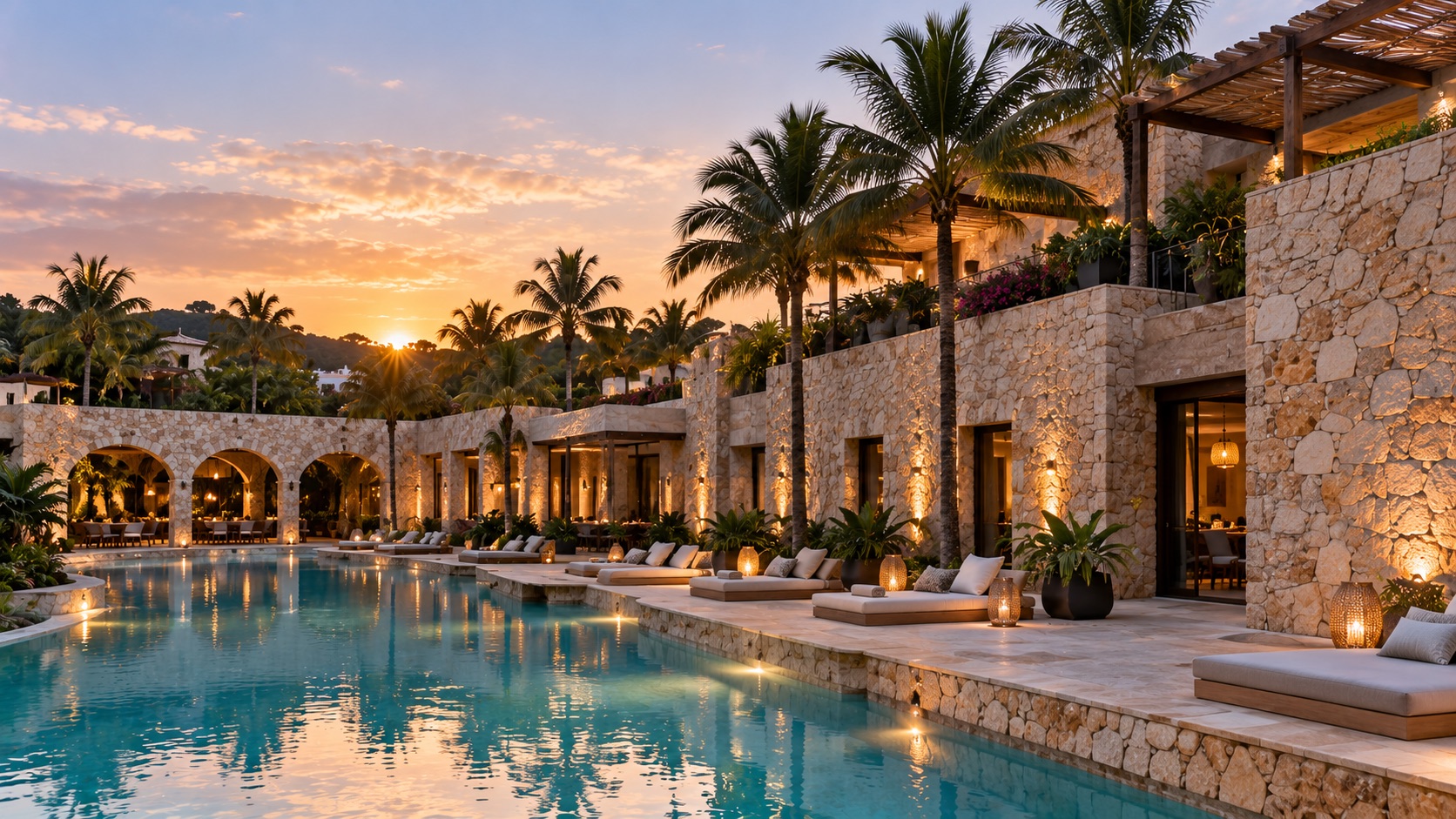 Resort de piedra con arcos y alberca iluminada al atardecer