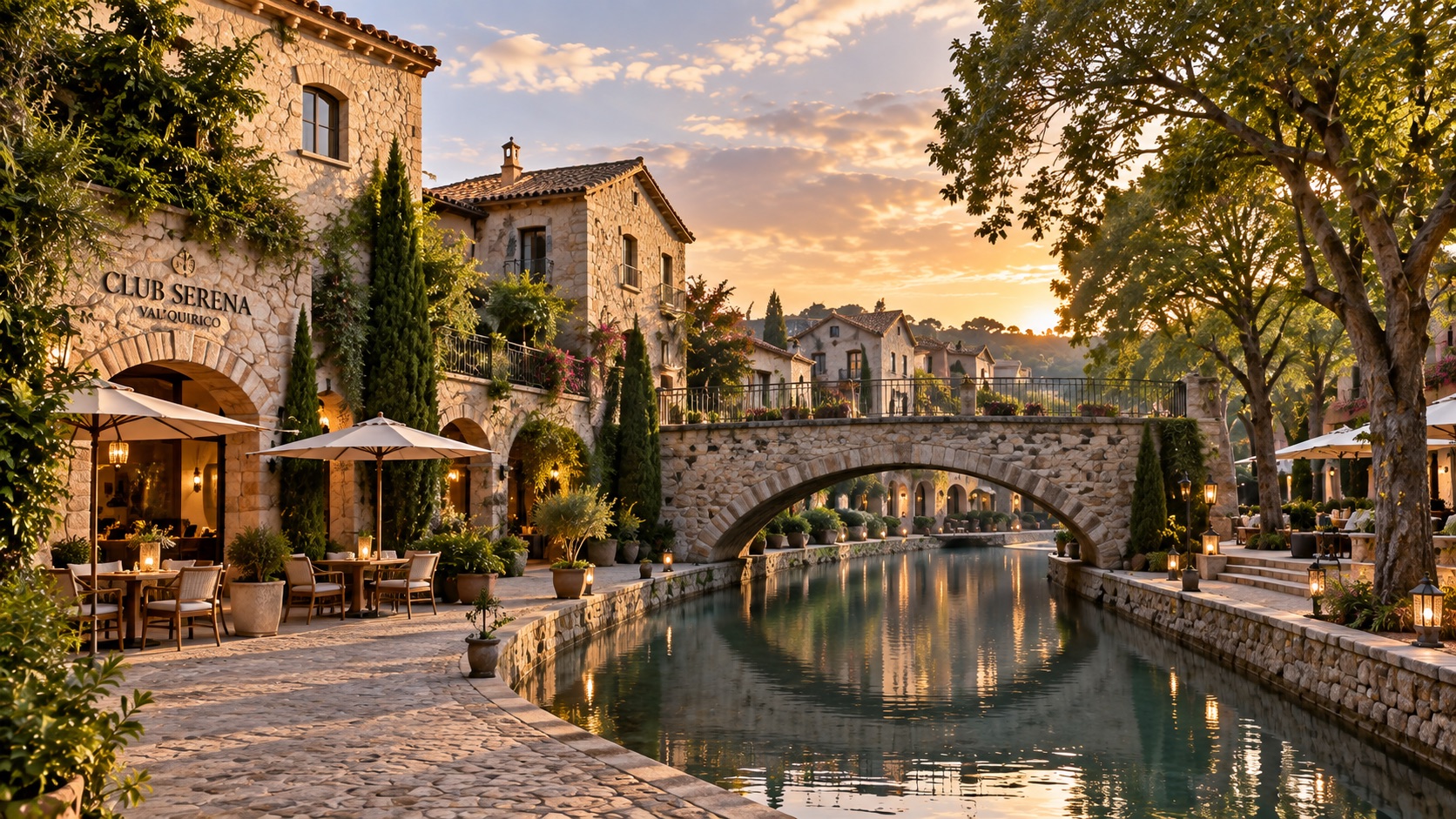 Pueblo de piedra estilo toscano con canal y puente al atardecer en Val'Quirico