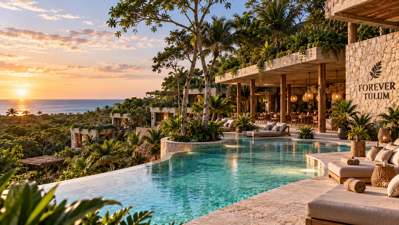 Alberca rodeada de selva al atardecer en Forever Tulum