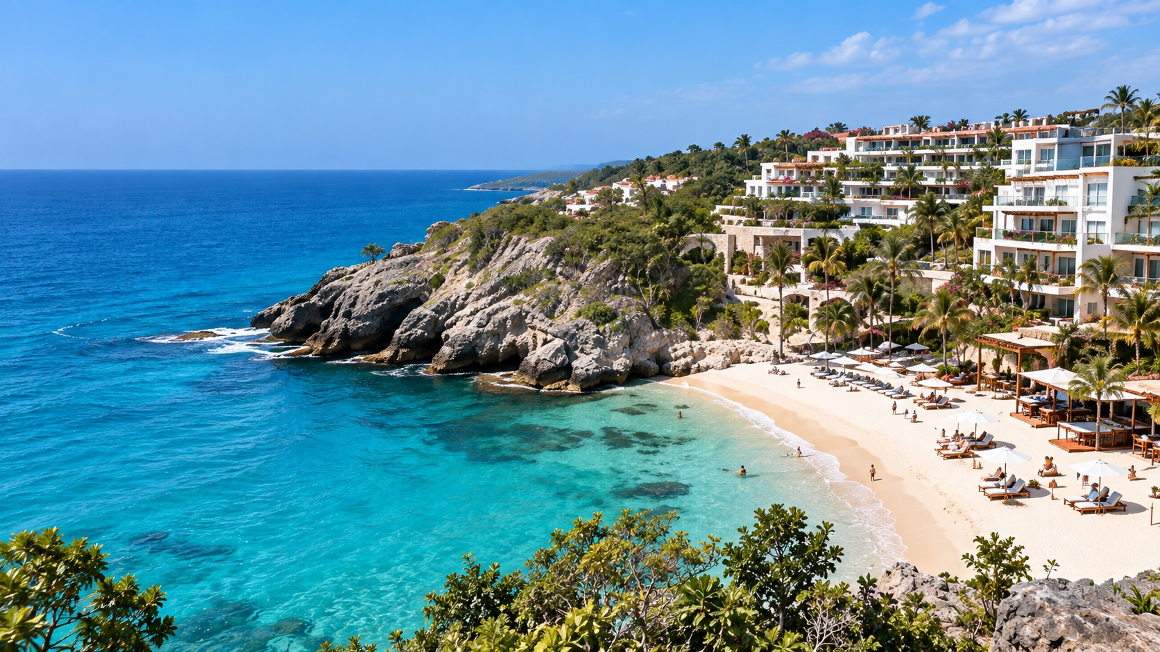 Resort sobre acantilado con playa de arena blanca y mar turquesa